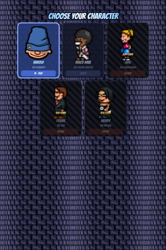 Character selection screen with locked and unlockable characters