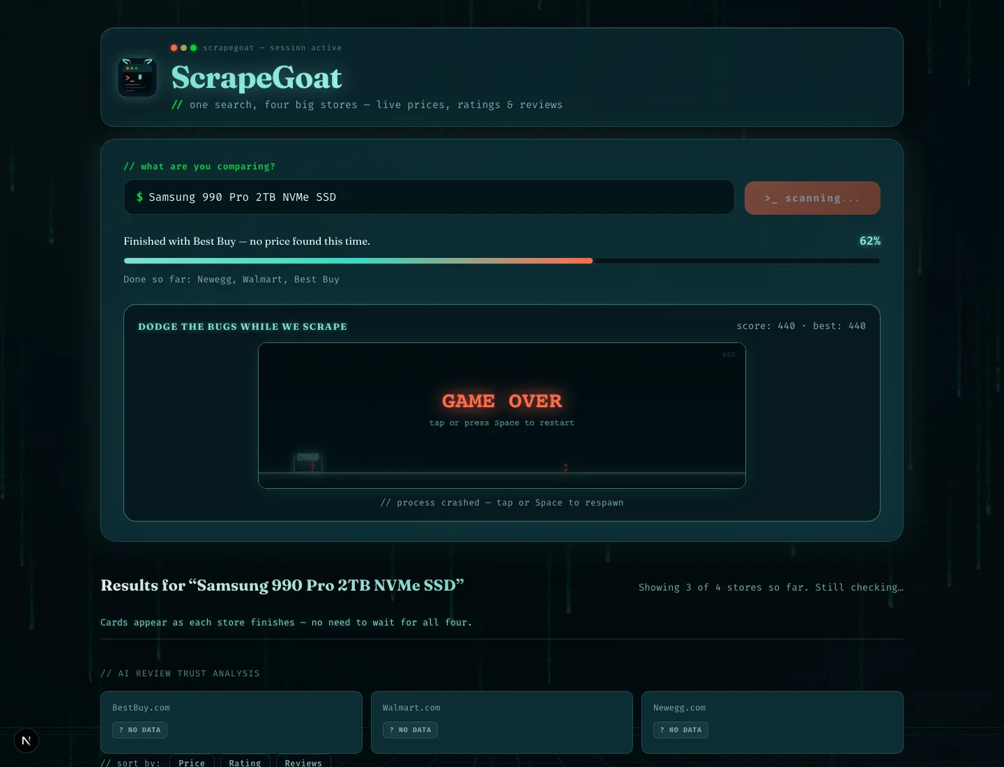 A run in progress at 62%: a status line reading 'Finished with Best Buy - no price found this time', a progress bar, a list of completed stores, and a small dodge game filling the wait