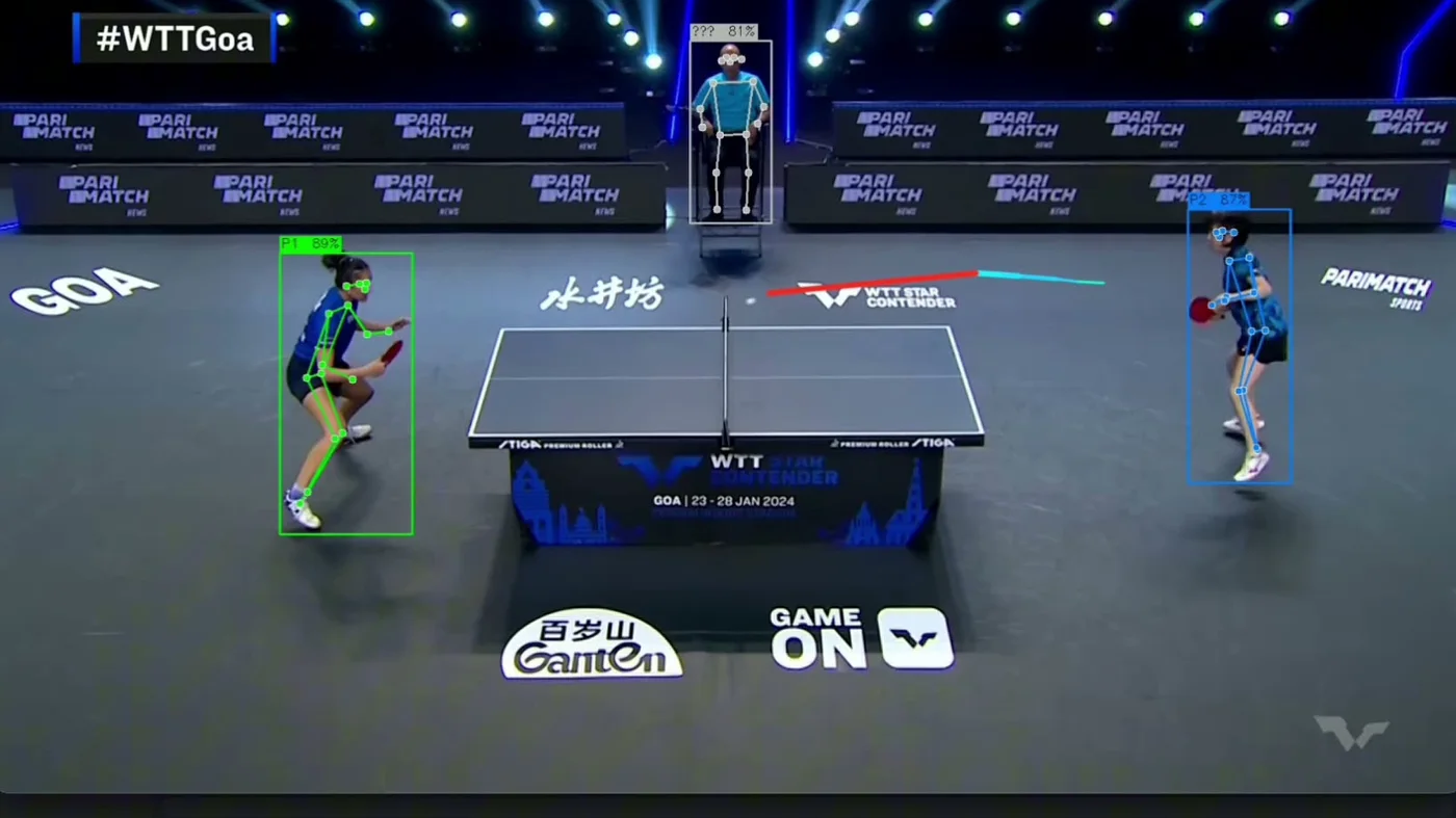 A later frame of the annotated output during a rally